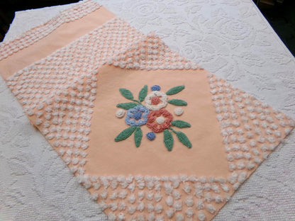 Peach Wildflower Vintage Chenille Bedspread Fabric, 15" x 33" Piece Sewing & Quilt Material