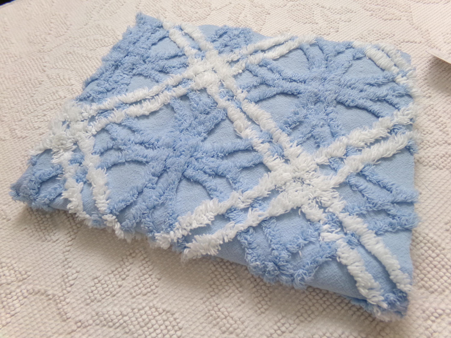 Vintage Chenille Fabric Baby Blue White Geometric Tufted Cottage Coastal Chic, 18" x 22"
