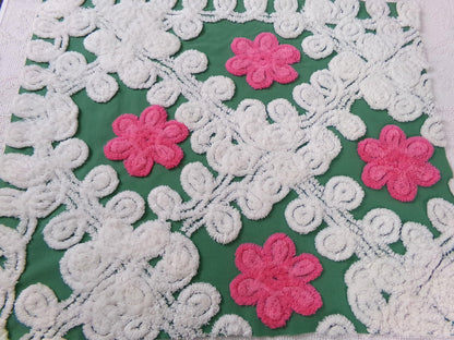 Vintage Chenille Bedspread Fabric, evergreen pink rose white swirl sewing craft quilt material, 20" x 24" piece