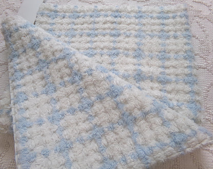 blue & white check vintage chenille fabric, cottage plaid 17x30" pc