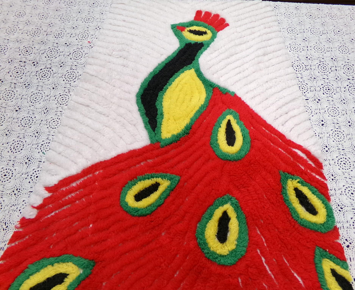 Red Peacock Vintage Chenille Fabric Piece, Plush Bird Design 13x39" Panel