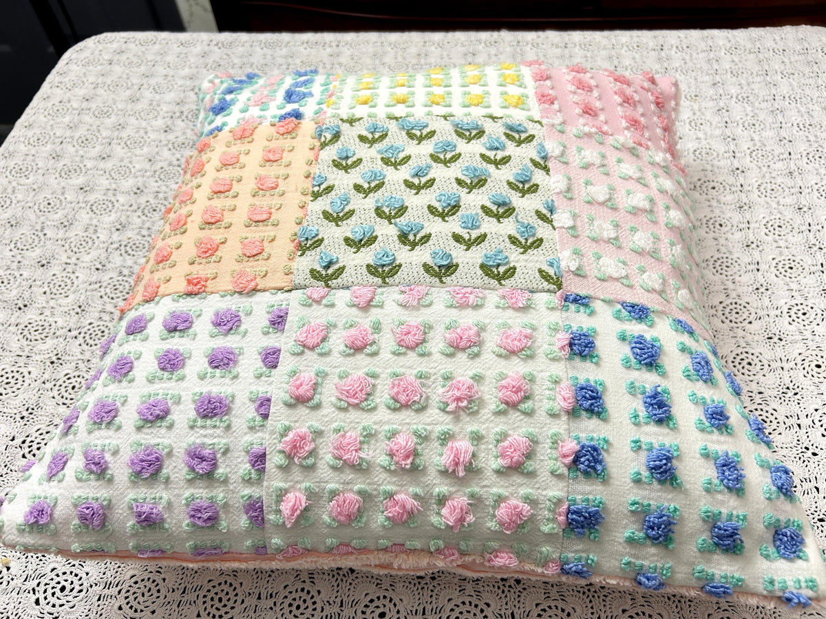 Vintage Rose Chenille Pillow Cover, 16" Square Reversible Patchwork Floral Design