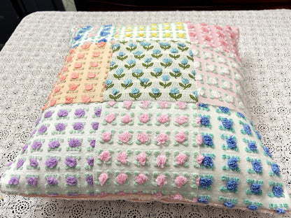 Vintage Rose Chenille Pillow Cover, 16" Square Reversible Patchwork Floral Design