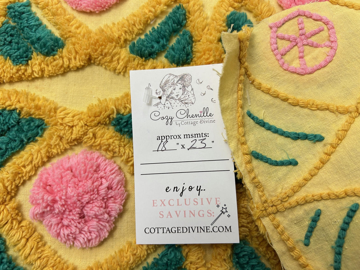 Pink Rose Vintage Chenille Fabric, Yellow Gold 18x23" Piece