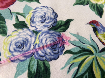 Vintage Barkcloth Fabric 22 x 22" Botanical Floral Exotic Birds Rose Peony Chinoiserie Mid Century