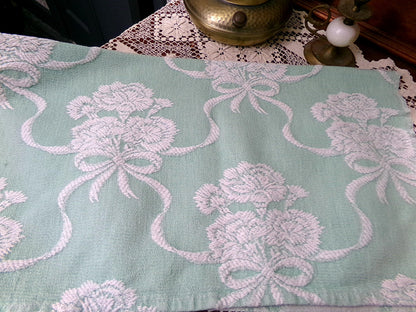 Shabby Woven Vintage Fabric Piece | Creamy White Carnation Flowers on Mint Green, 20" x 24"