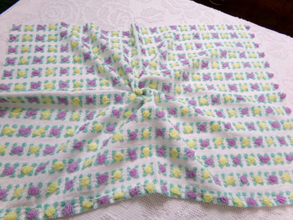 Rare Rosebud Vintage Chenille Fabric, Yellow Lilac Tufted Roses, 17x24"