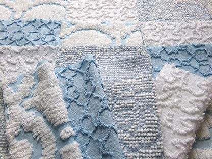 seaside wanderings chenille fabric squares, 16 vintage 6" quilt blocks in coastal blue & white, for sewing, crafts, fiber arts