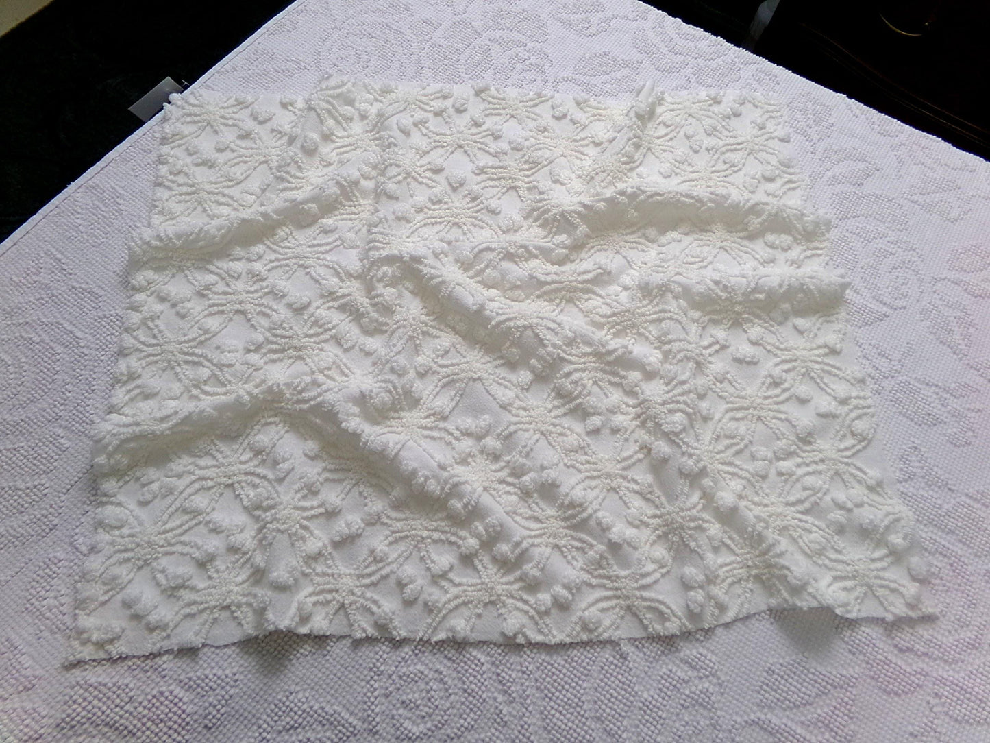 Winter White Snowflakes Vintage Chenille Fabric, neutral tufted pops sewing craft quilt material, 18" x 24" piece