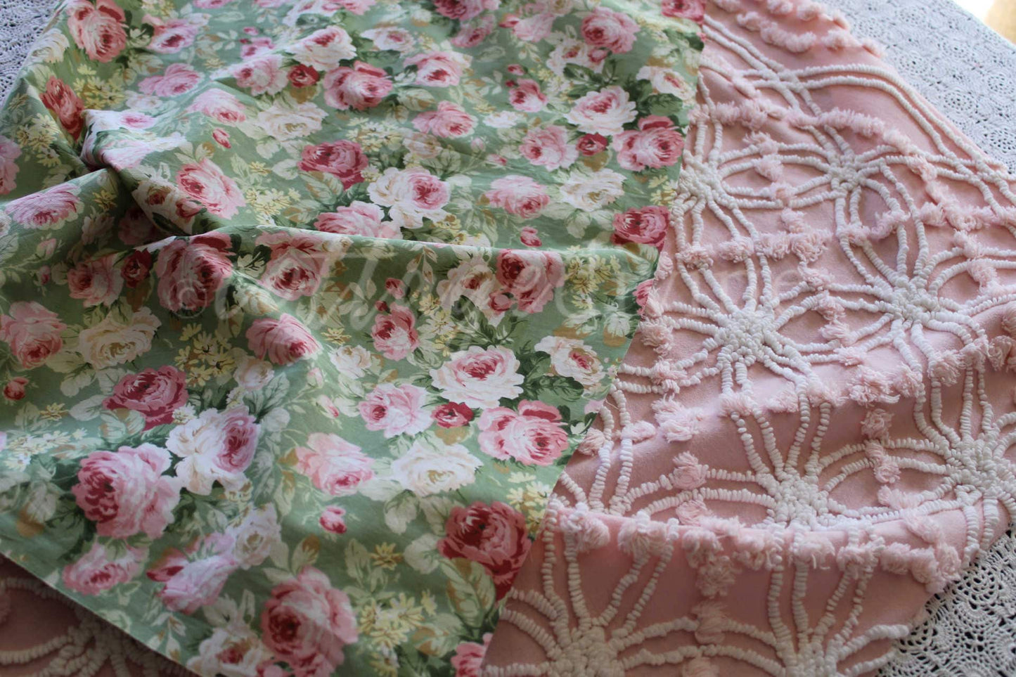 Cottage Coordinated Vintage Fabric Bundle: Gorgeous Plush Tufted Chenille Piece & Mint Green Cabbage Rose Cotton Fabric, for Quilts, Crafts
