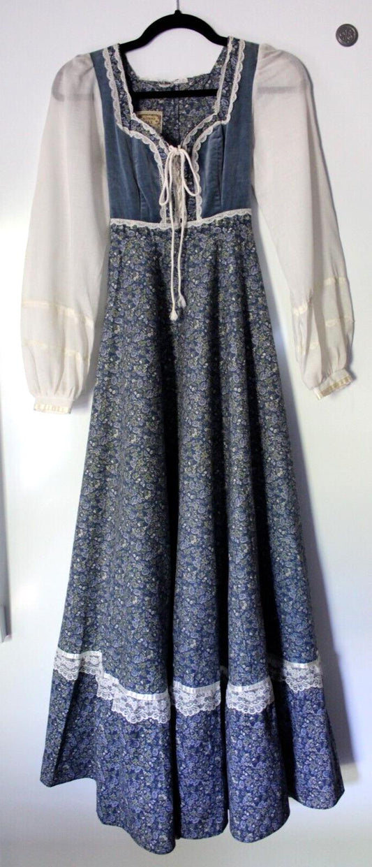 Vtg Gunne Sax Prairie Dress, Morning Glory Velvet Corset, Maxi Gown, SUPER SMALL