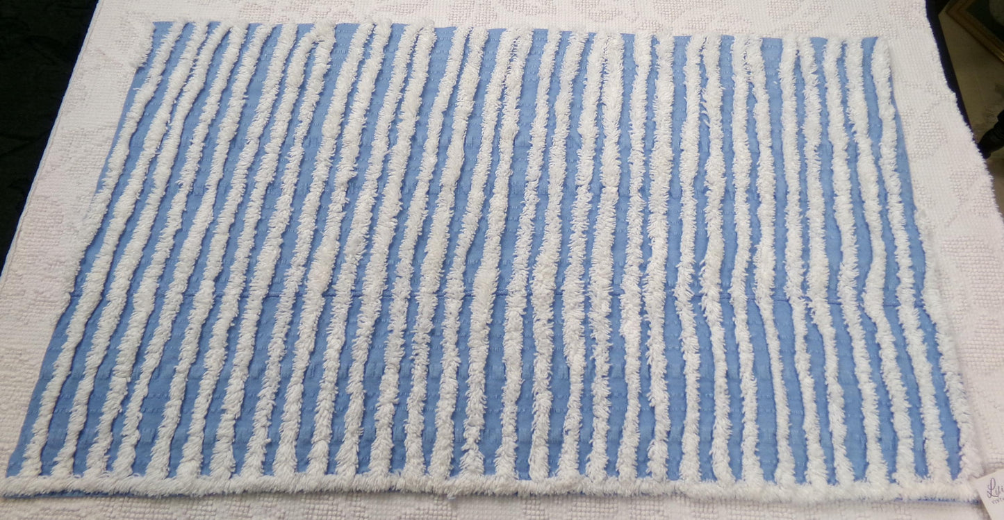 Trendy Coastal Blue & White Striped Vintage Chenille Fabric, Craft Quilt Material, 16" x 27" Piece