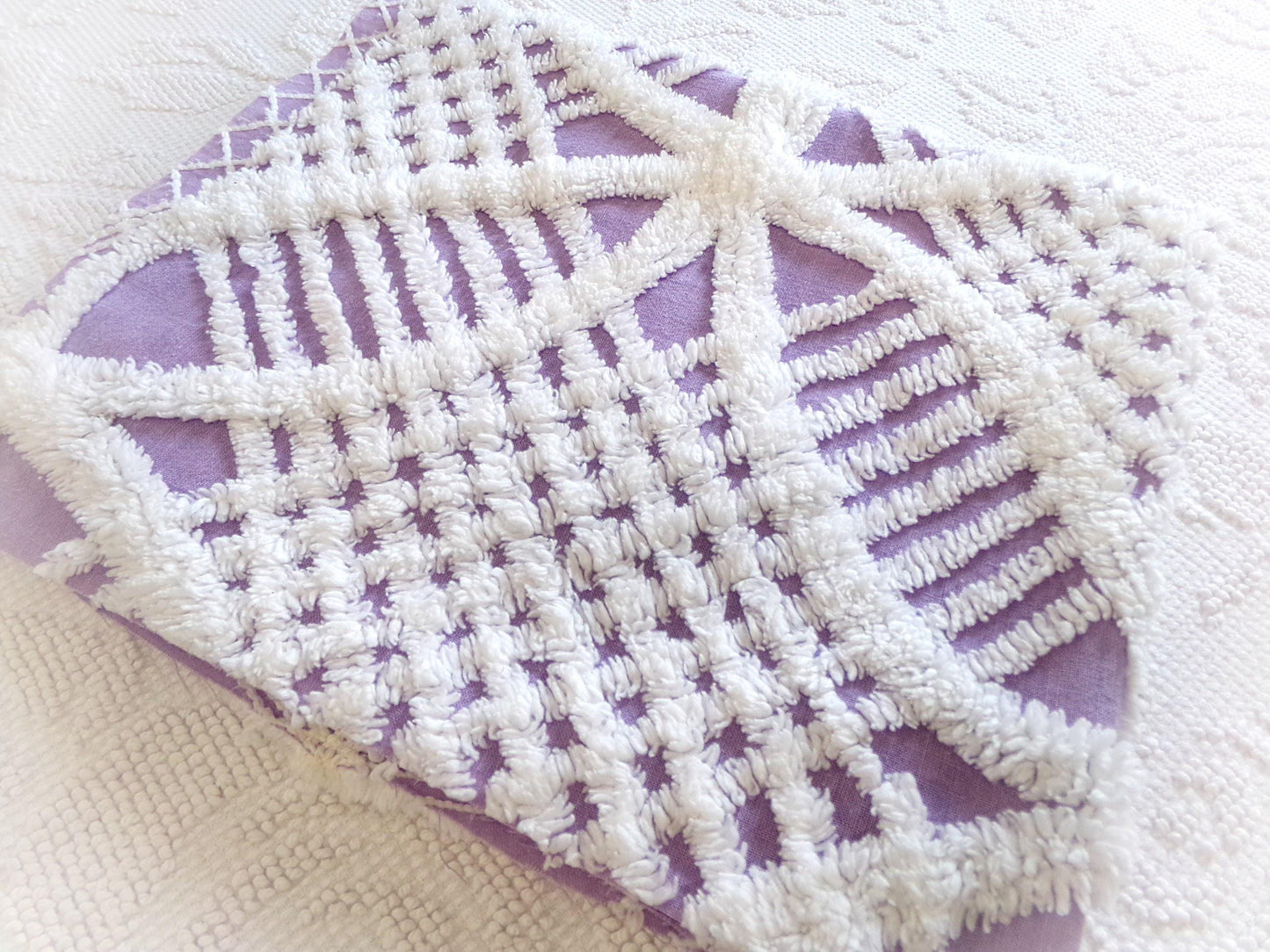 Spring Lavender Vintage Chenille Fabric, white geometric design, sewing craft quilt material, 22" x 25" piece