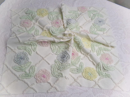 Vintage Chenille Fabric Pastel Spring Floral Wreaths on Antique Cream Cotton, 20" x 24" piece