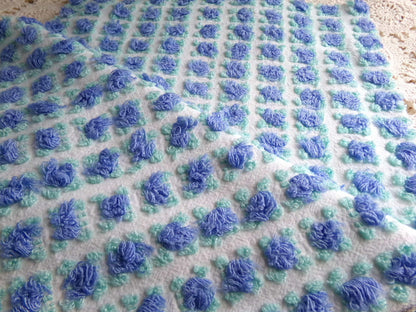 periwinkle blue rosebud chenille fabric, 20" x 24" inch piece cut from NOS vintage chenille bedspread, lovely blue roses quilt material