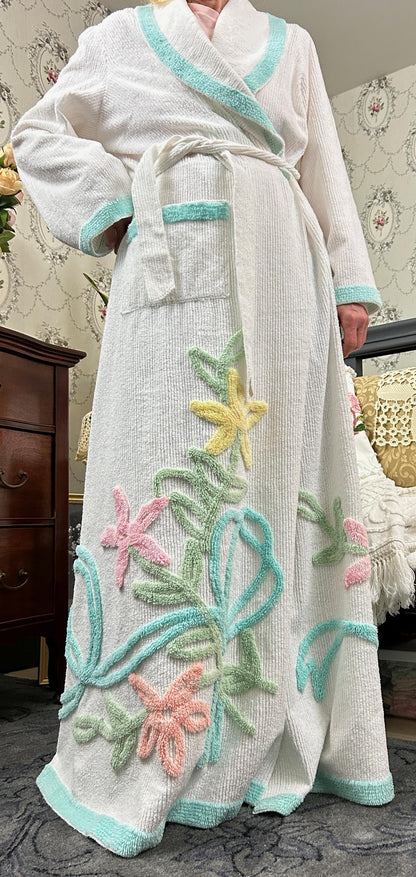 Vintage Chenille Robe White with Aqua Floral Tufting, Full Length Women’s S Bathrobe