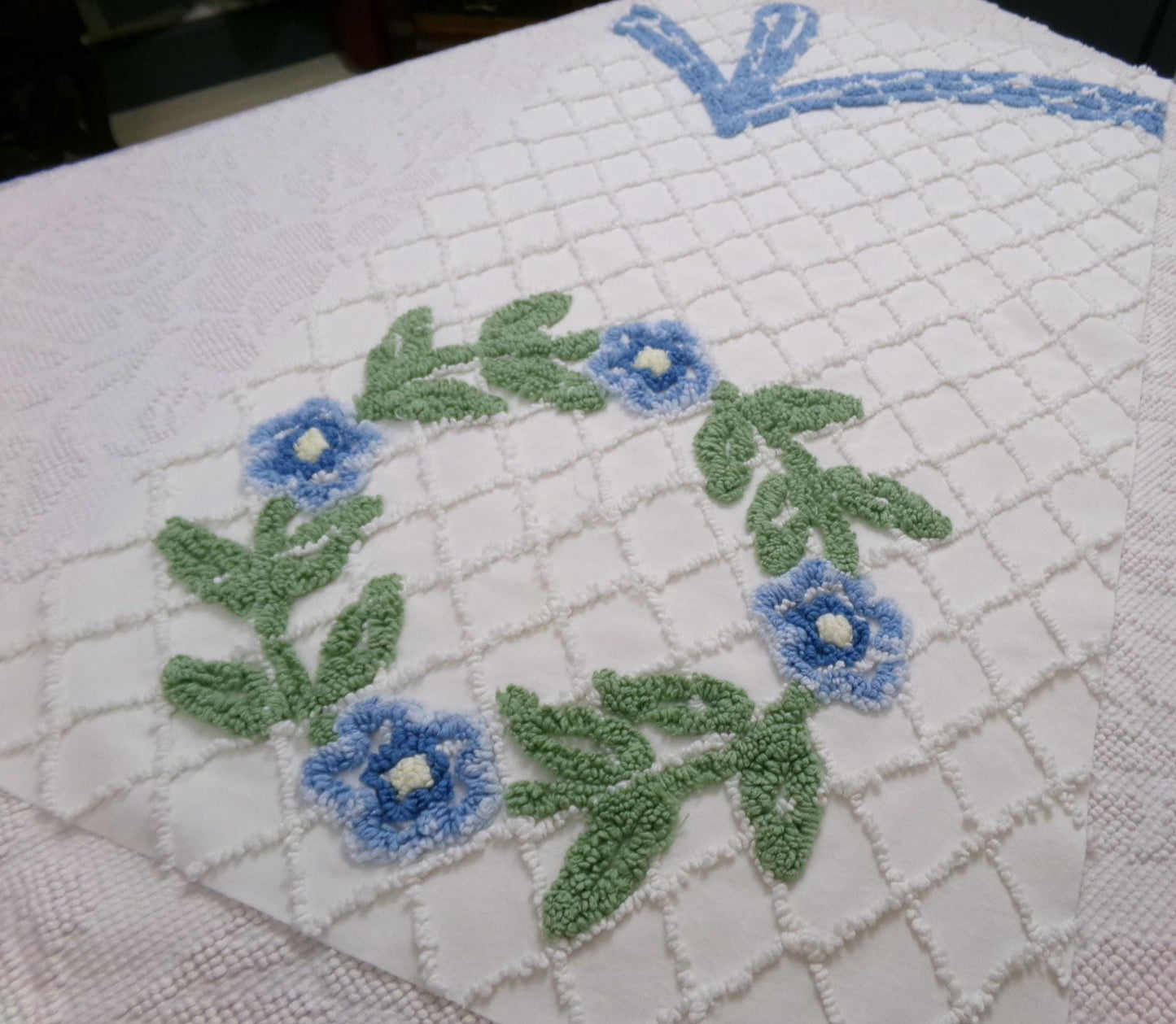 Floral Wreath Vintage Chenille Fabric, Blue & White Sewing Material 15" x 28" Piece