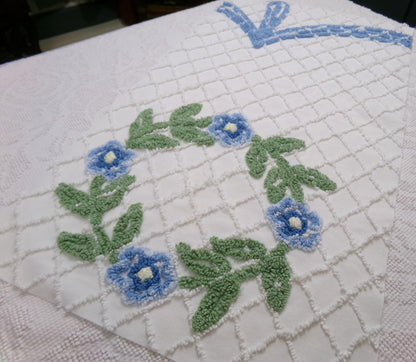 Floral Wreath Vintage Chenille Fabric, Blue & White Sewing Material 15" x 28" Piece