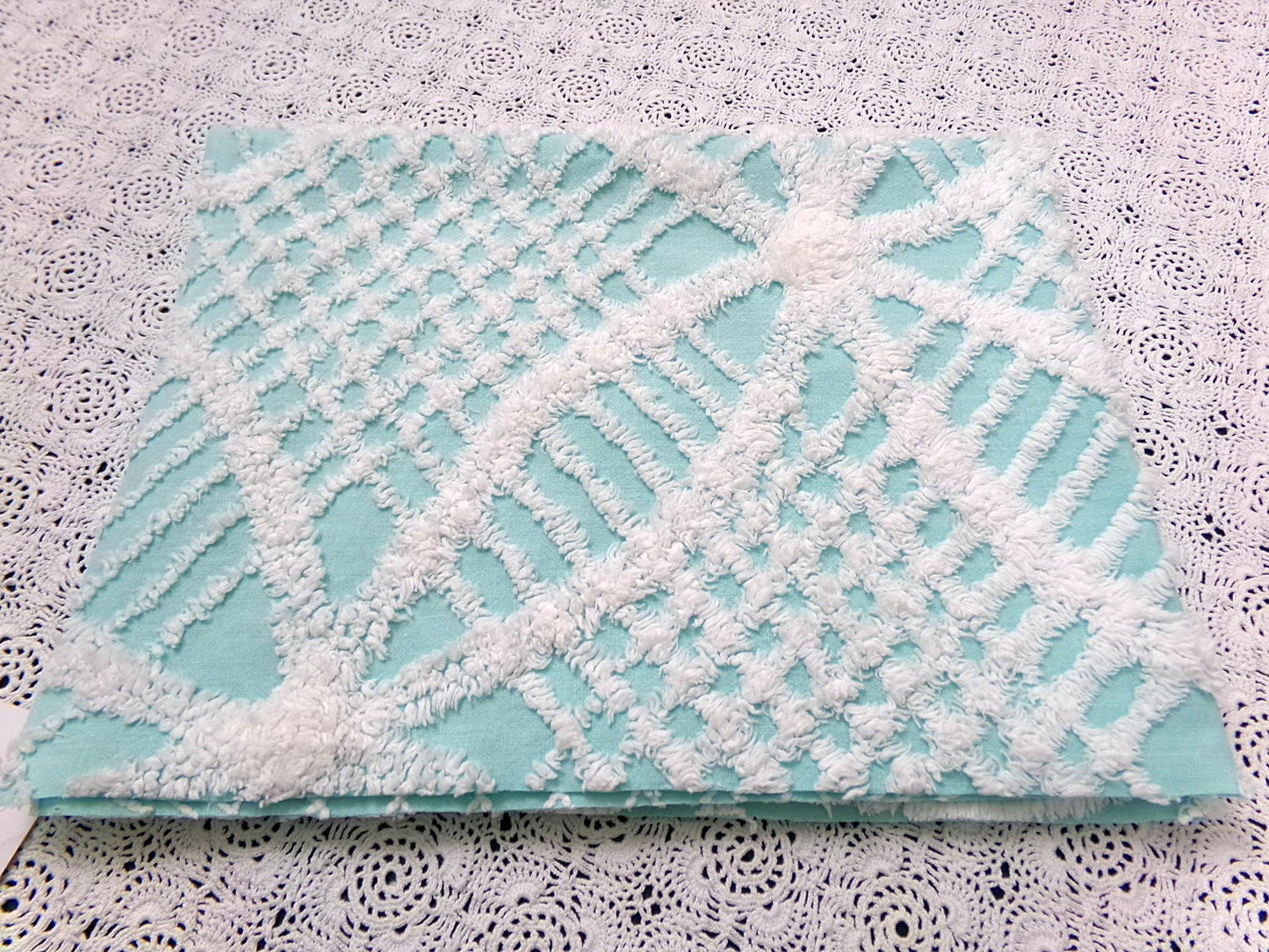 Aqua White Vintage Chenille Fabric 20x24" Geometric Quilt Material