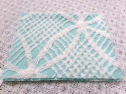 Aqua White Vintage Chenille Fabric 20x24" Geometric Quilt Material