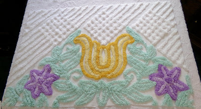 giant tulip vintage chenille fabric w/ purple star flowers on white cotton, 19" x 29" piece of sewing material