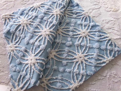 mystic coast blue vintage chenille fabric, 20" x 25" piece quilt & sewing material, white wedding rings with overtufted pops