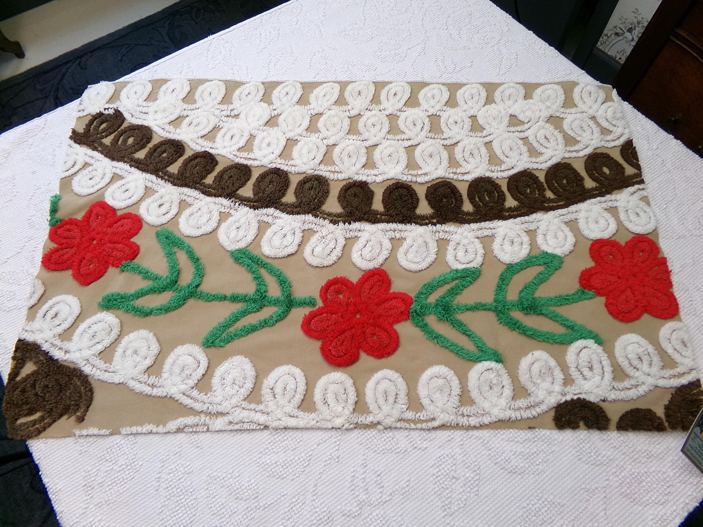 chocolate cherry vintage chenille fabric, delicious arc floral design, 18" x 28" piece
