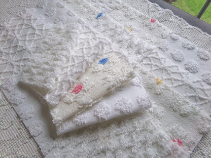 winter whimsy white chenille fabric squares, 16 vintage 6" x 6" quilt blocks, pops, webbed, diamond lattice & daisies for sewing, crafts