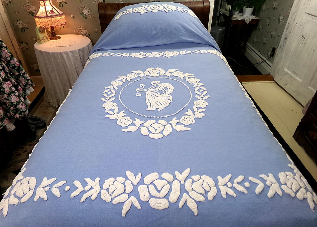Angel Vintage Chenille Bedspread, Grecian Goddess Figure, Wedgwood Blue & White FULL