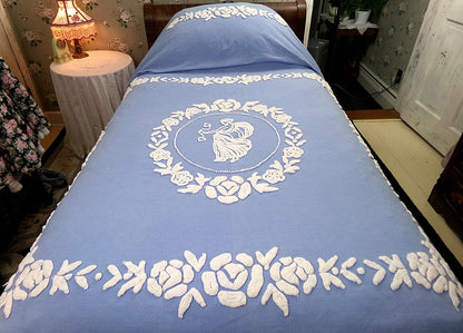 Angel Vintage Chenille Bedspread, Grecian Goddess Figure, Wedgwood Blue & White FULL