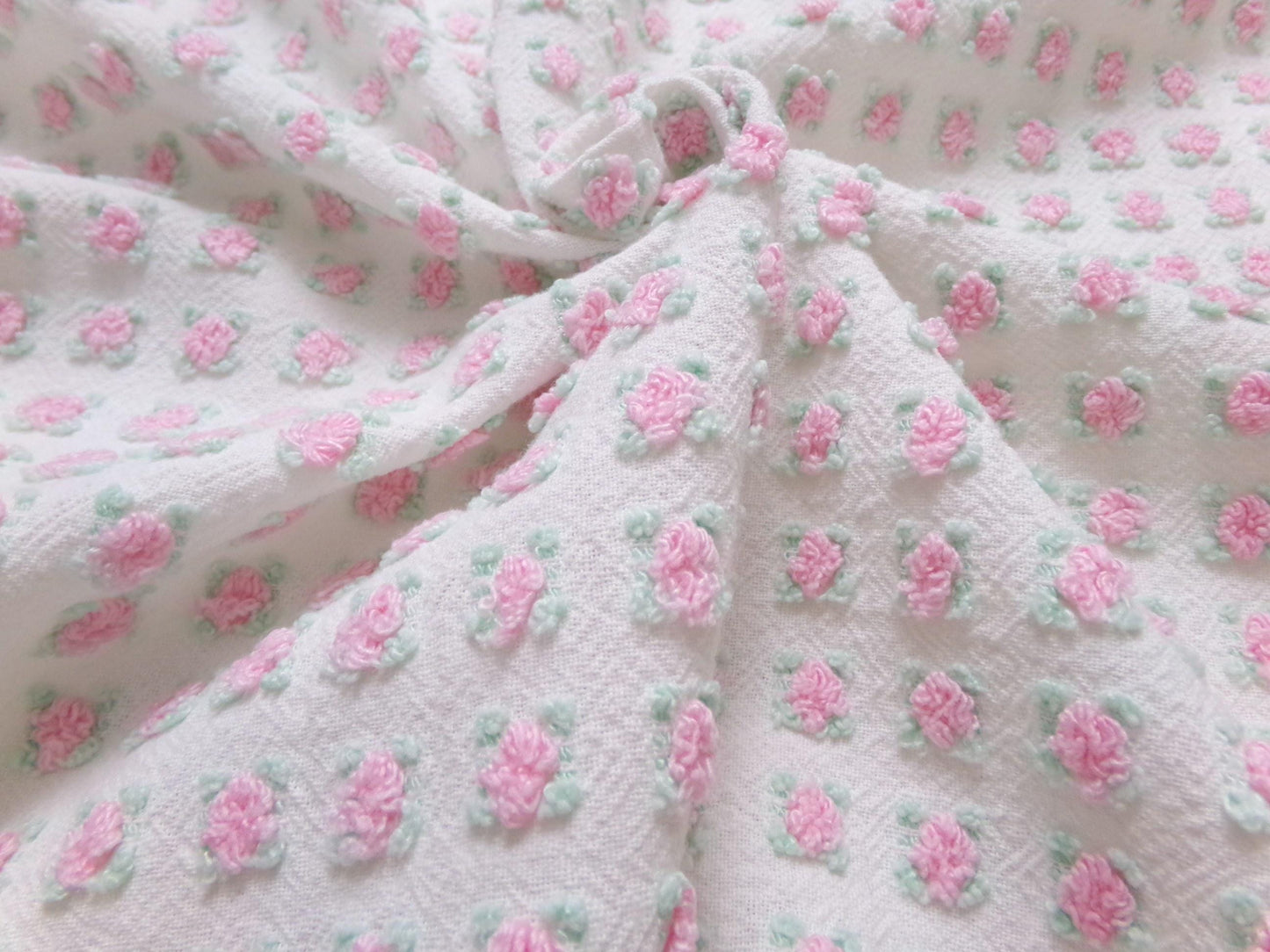 Shabby Tiny Tuft Pink Rosebud Vintage Chenille Fabric, Mini Rose Pattern, 20" x 12"