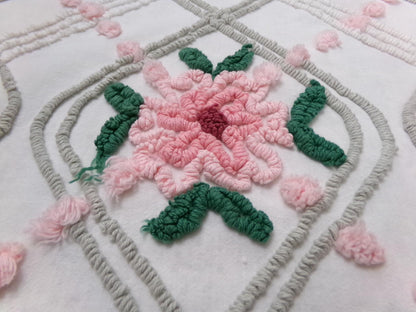 Romantic Rose Vintage Chenille Bedspread Fabric Dove Grey, Pink White Quilt Material 16" x 24"