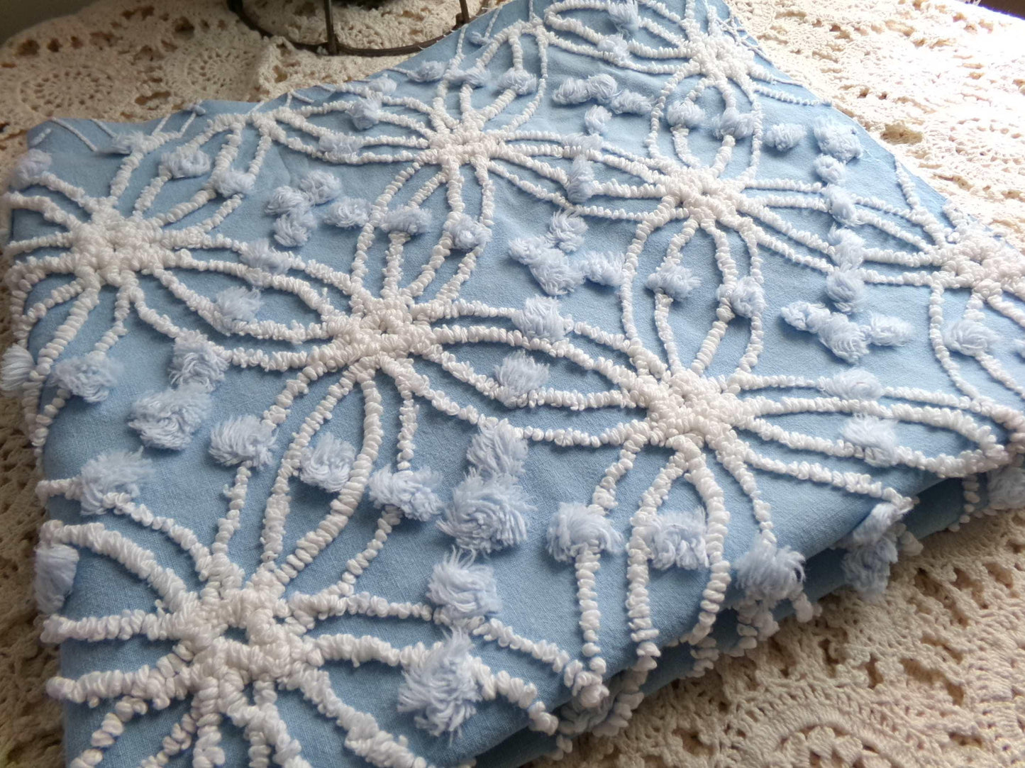 mystic coast blue vintage chenille fabric, 20" x 25" piece quilt & sewing material, white wedding rings with overtufted pops