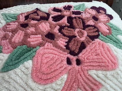 Heirloom Vintage Chenille Bedspread, Plush Full Floral Bouquet & Bow Swag Design