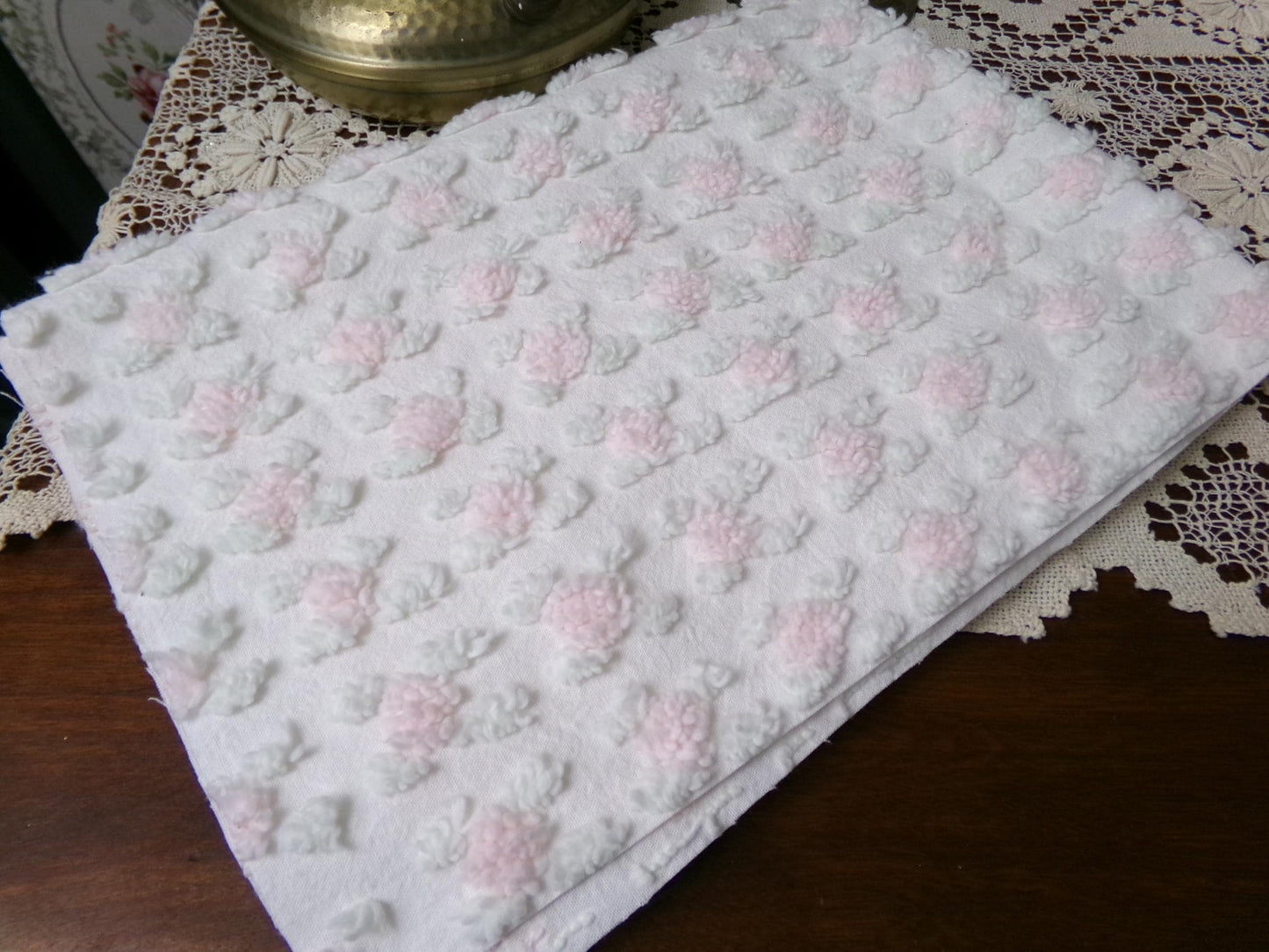 Shabby Pink Rosebud Vintage Chenille Bedspread Fabric Piece, Cottage Style Quilt Material 18" x 24"