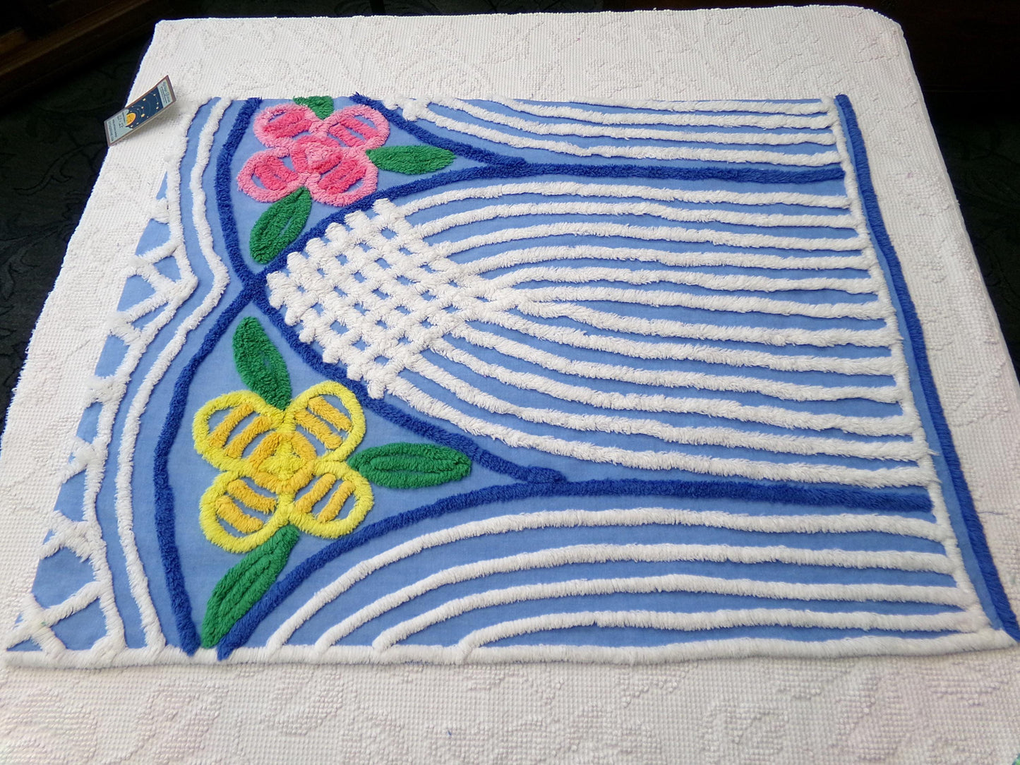 Vintage Chenille Fabric, Waterfall Blue & White Tropical Florals, 20" x 27" Cut Piece