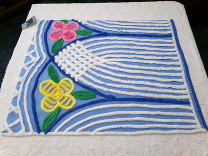 Vintage Chenille Fabric, Waterfall Blue & White Tropical Florals, 20" x 27" Cut Piece