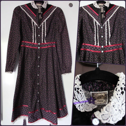 Dark Cottagecore Vtg Clothing Lot: 2 Prairie Dress, 1 Gunne Sax Boho Black Skirt