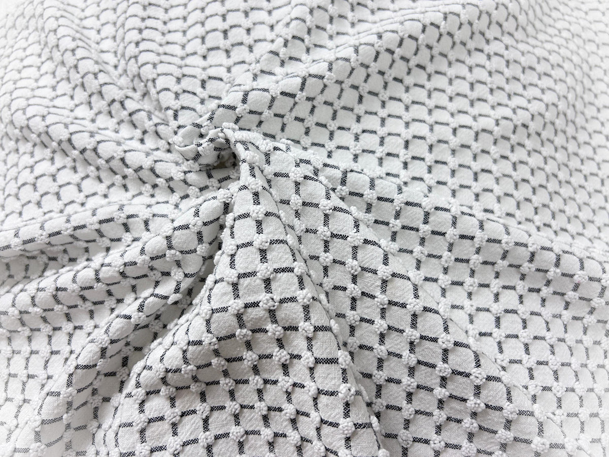 Black & White Vintage Chenille Fabric, Micro Grid Pops, Shaggy Edge Trim 20x20"