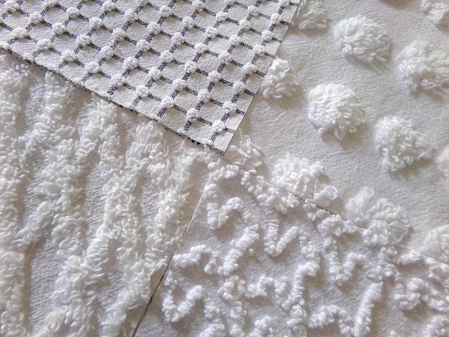 Snowstorm White Vintage Chenille Fabric Squares, Diamond Ice, Coin Pop, Squiggle & Micro Grid, Set of 16 Quilt Blocks, 6" x 6" inch each