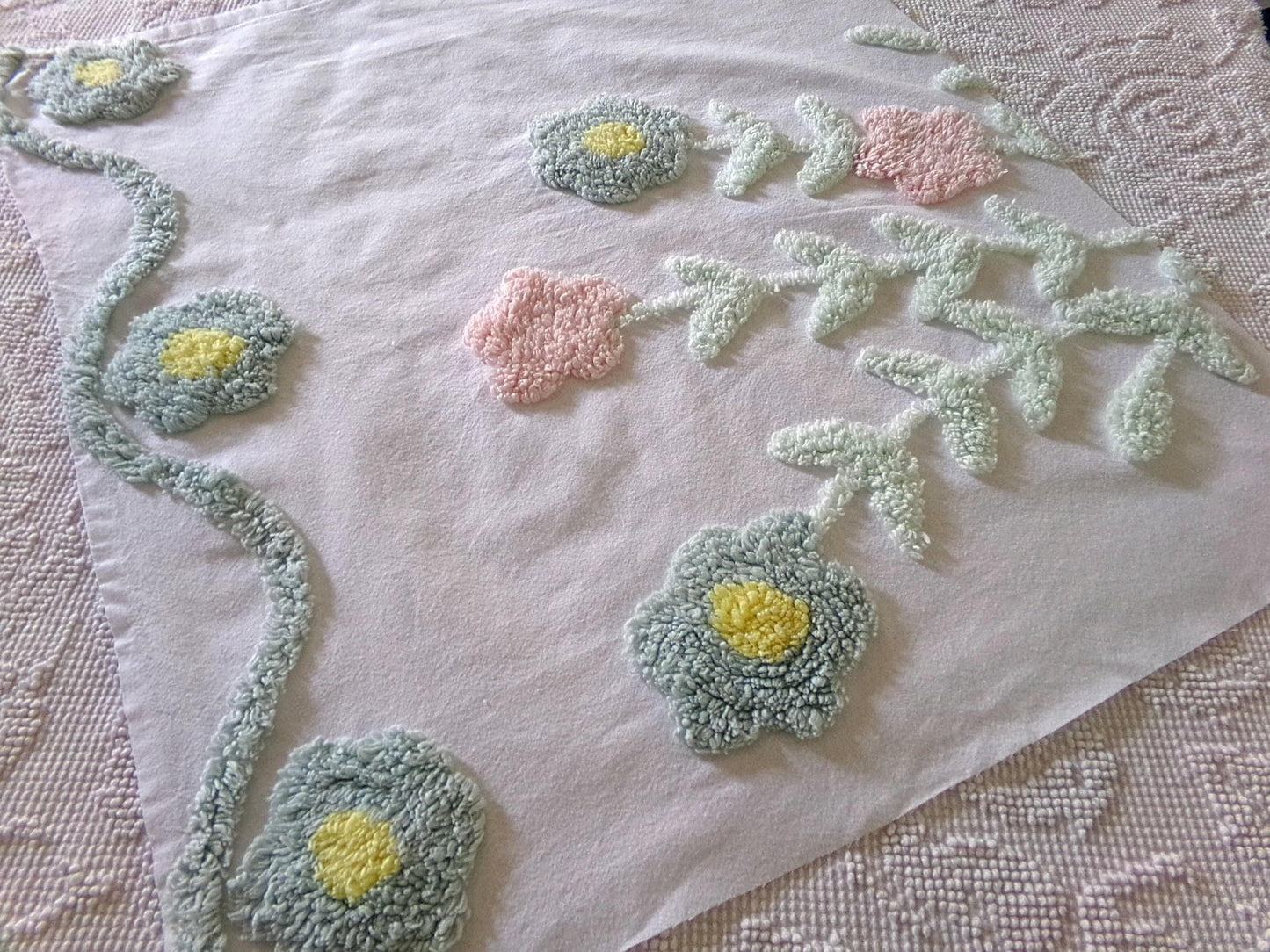 pastel floral tufted fabric, cut from a vintage style chenille bedspread, 20" x 23" piece
