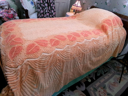 Boho Falling Leaves Vintage Chenille Bedspread, Apricot Peach Twin Size