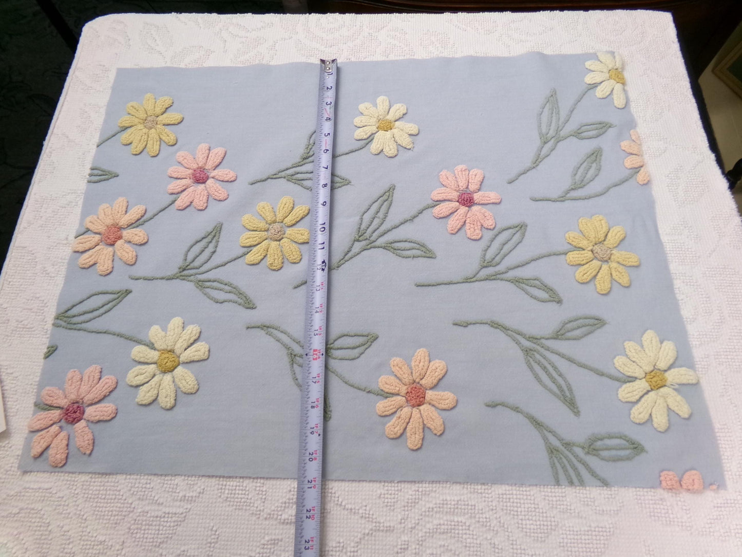 Scattered Daisies Vintage Chenille Bedspread Fabric, Shabby Blue Sewing Material, 19" x 25"