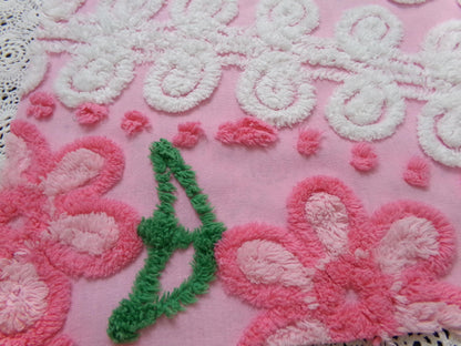 Peeking Pink Flowers Vintage Chenille Bedspread Fabric, 15" x 26" piece