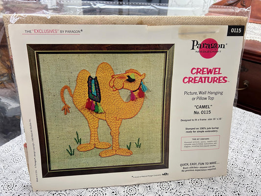 CAMEL CREWEL CREATURES Vintage 1969 Embroidery Kit, Paragon 0115, Jute Burlap