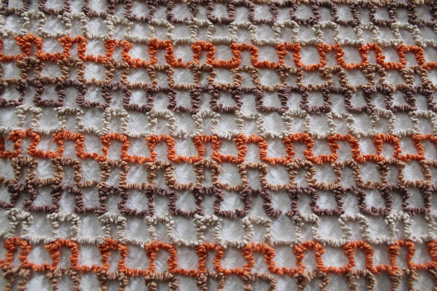 best boho colors vintage chenille fabric, fun pattern for small totes & bags, 20" x 24" inch piece, orange, mocha, chocolate, sand colors