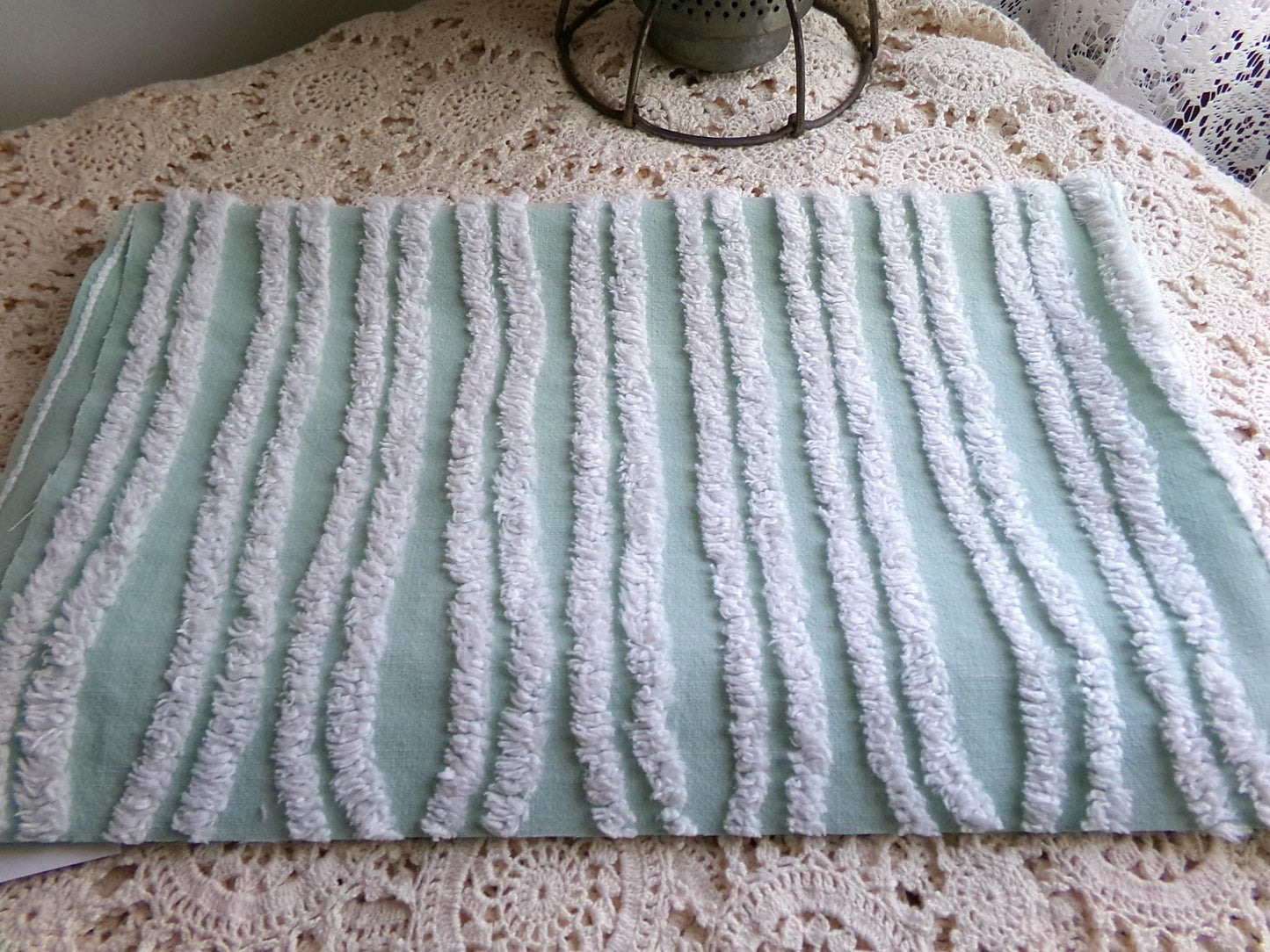 mint green & white striped chenille fabric, tufted stripes on vintage cotton, 16" x 27" inch cut piece, for sewing, craft projects