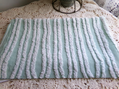 mint green & white striped chenille fabric, tufted stripes on vintage cotton, 16" x 27" inch cut piece, for sewing, craft projects