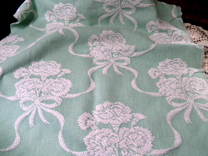 Shabby Woven Vintage Fabric Piece | Creamy White Carnation Flowers on Mint Green, 20" x 24"