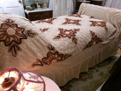 hazelnut coffee floral vintage chenille bedspread, full size luxury bedding with an integrated skirt, boxed & fitted design, boho retreat